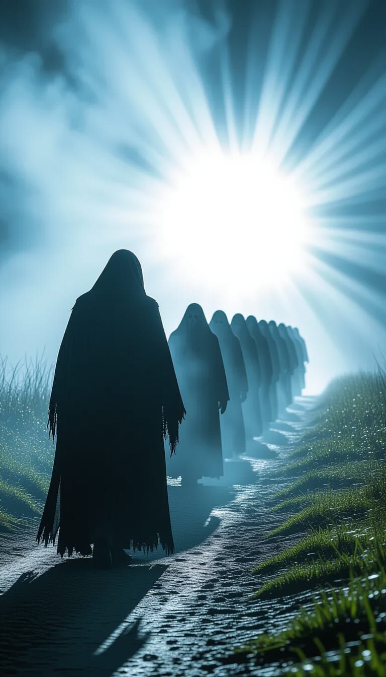 Grim Reaper's Procession to the Light: Cinematic Film Still