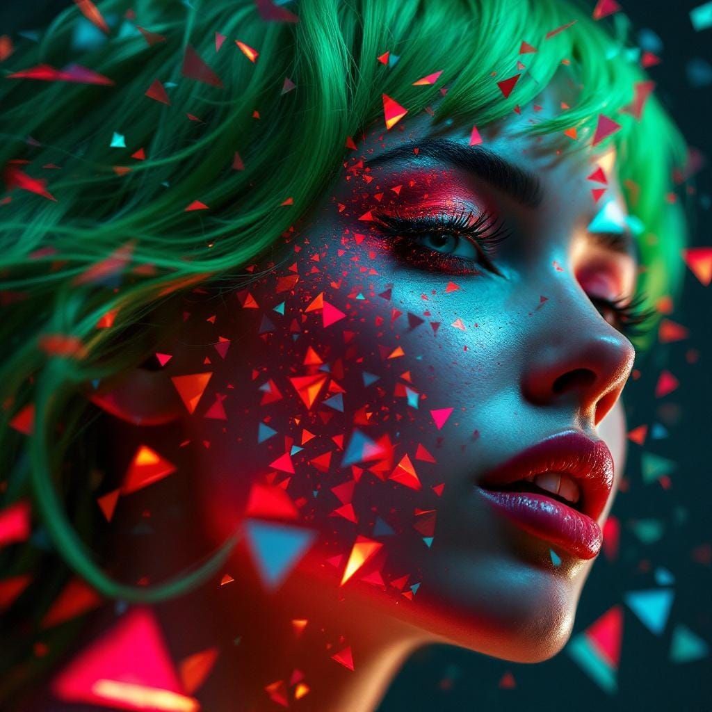 Woman's Face Disintegrating into Cyberpunk Shards