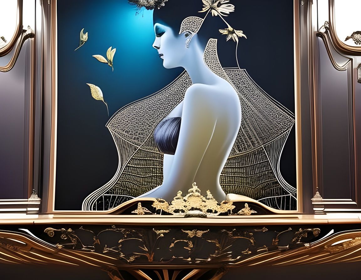 Elegant Woman with Grand Piano in Botanical Art