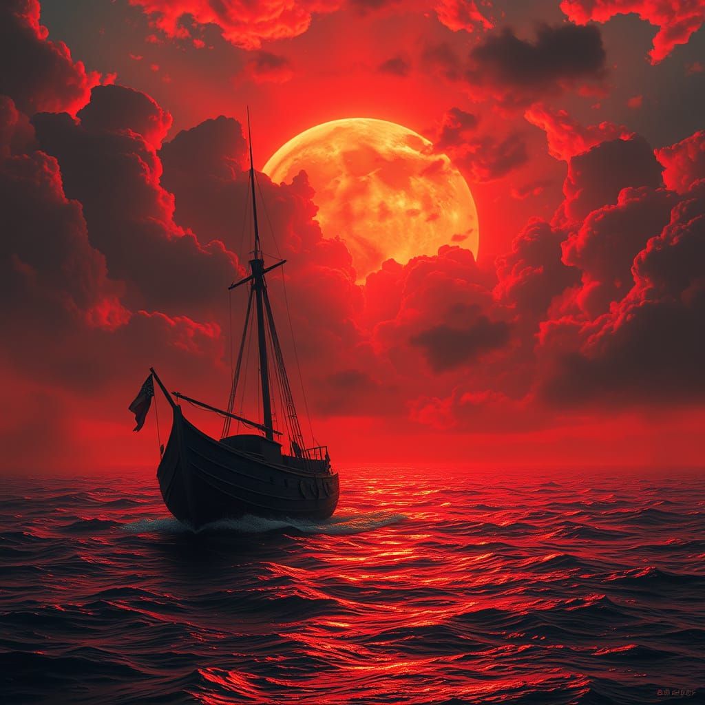 Crimson Ship in Apocalyptic Sunset, Dramatic Painting