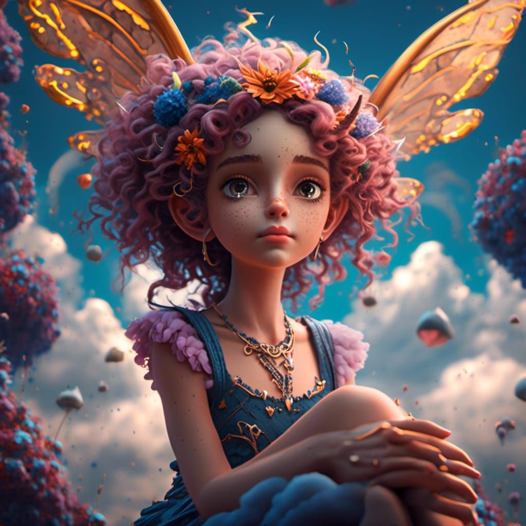 Young Fairy with Curly Hair on Cloud