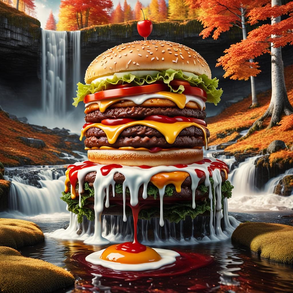 Giant Burger Meltdown in Autumn Forest