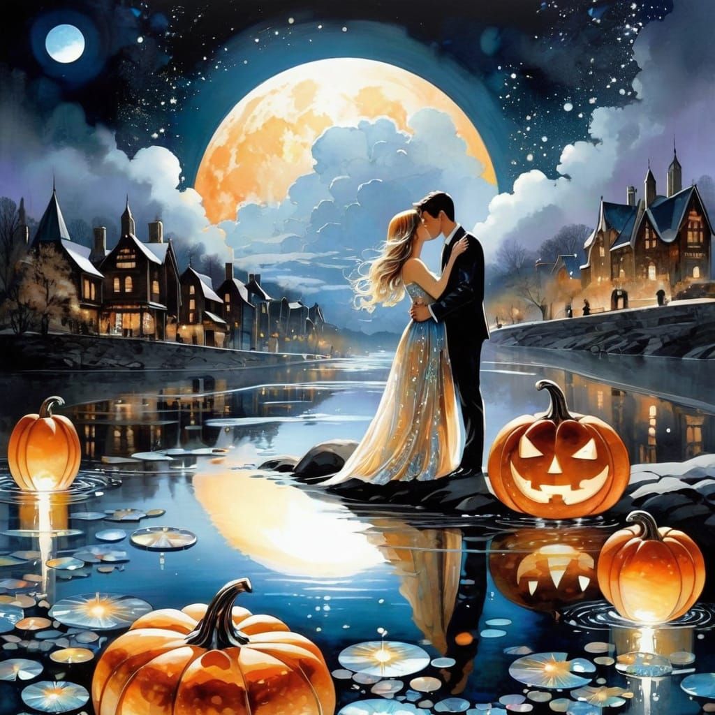 Romantic Date Night by River with Pumpkins