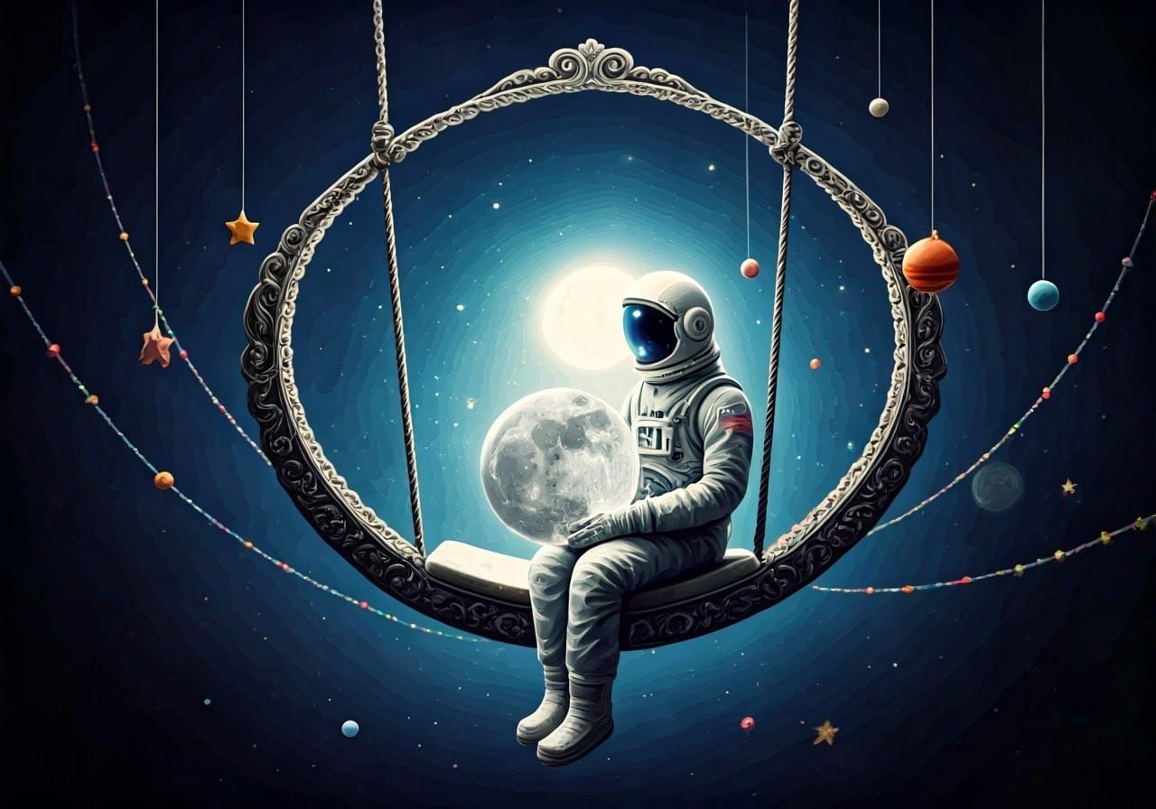 Astronaut on Celestial Swing Cradling the Moon