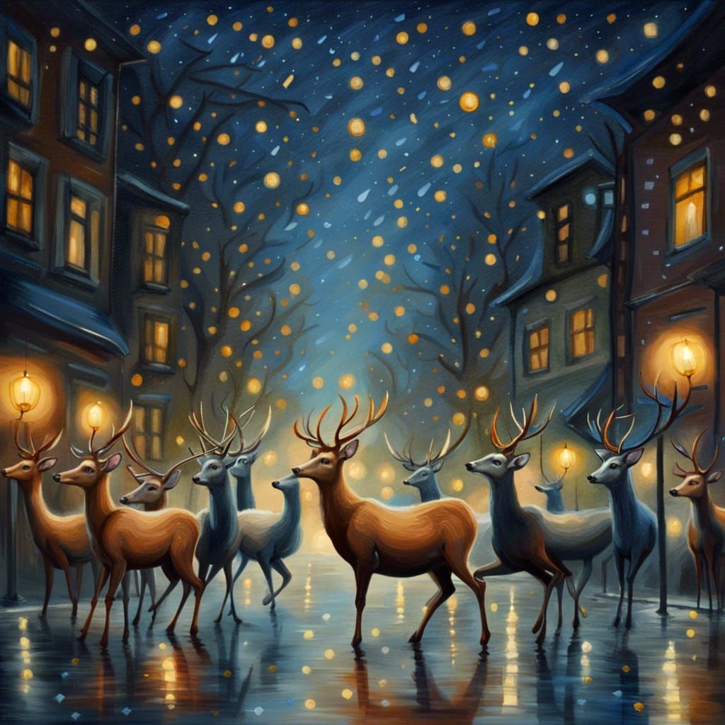 Dancing Deer in the Street on Starry Night