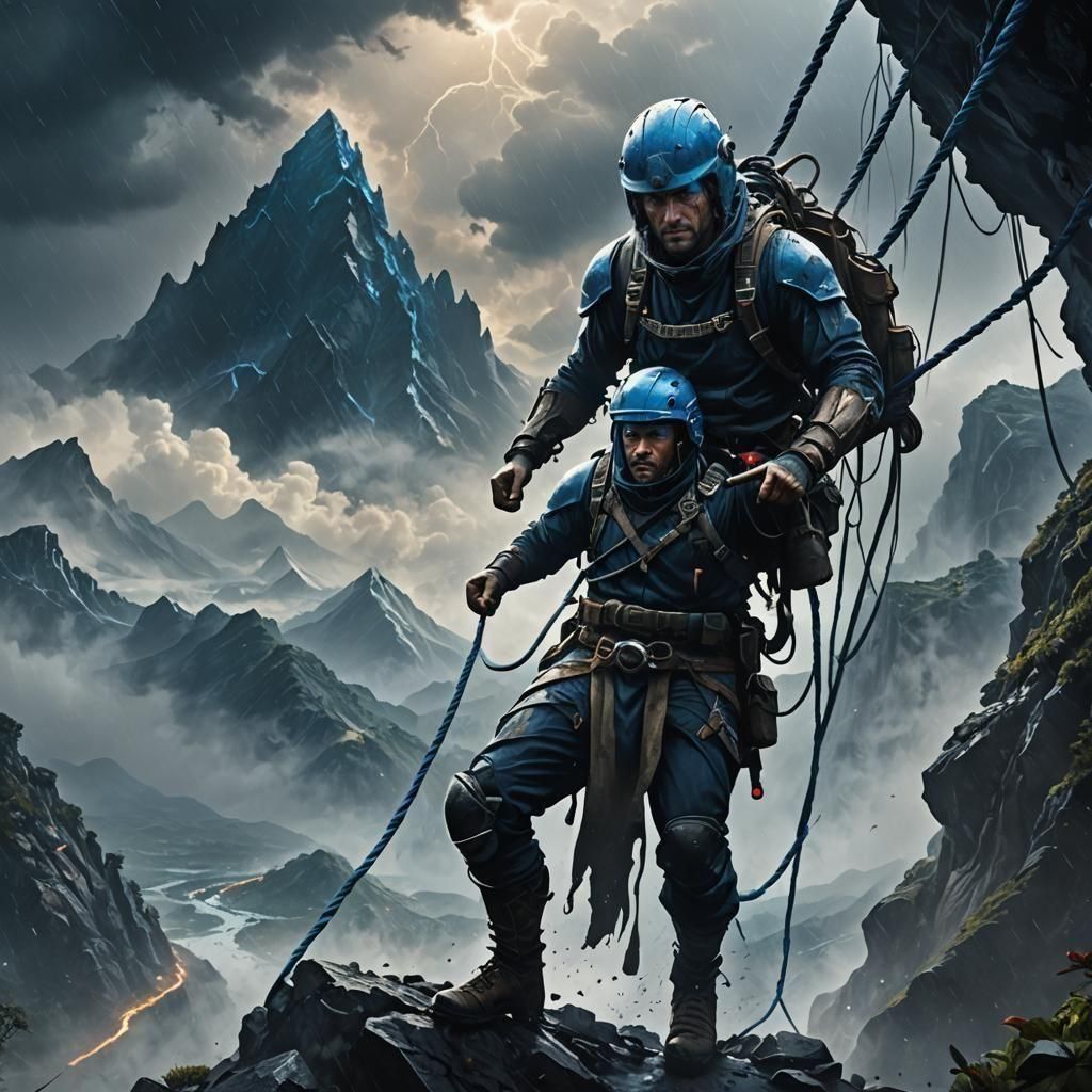 Mountain Climber Ascends Peak in Storm: Matte Painting