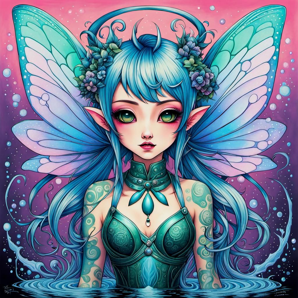 Kawaii Water Fairy: Japanese Ink Drawing with Punk Elements