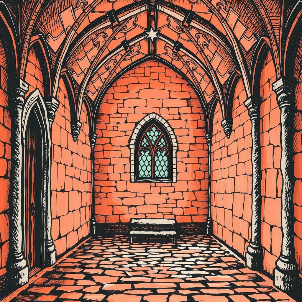 Peach Gothic Castle Interior as Ink Painting