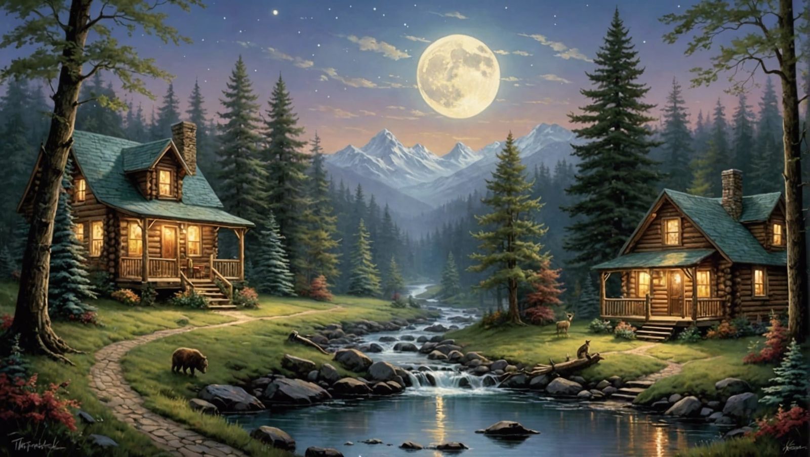 Moonlit Forest Scene with Wildlife in Luminist Style