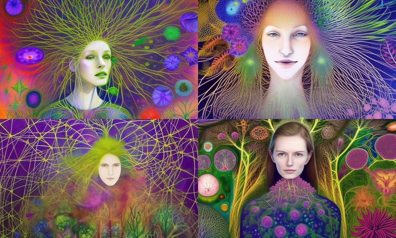 Woman in Mycelium Network, Rich Color Digital Art