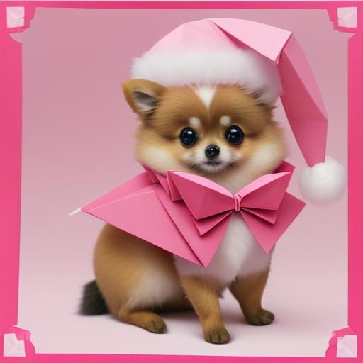 Pomeranian in Pink Santa Hat: Origami Papercraft