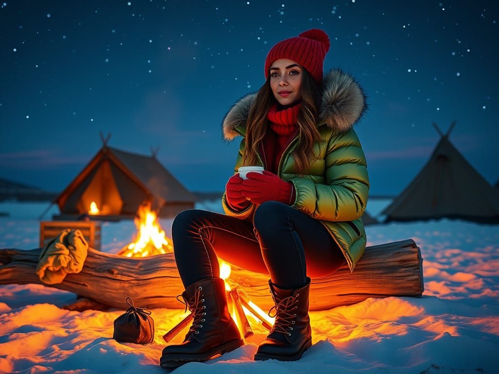 Woman Embracing the Warmth of a Campfire on a Snowy Beach