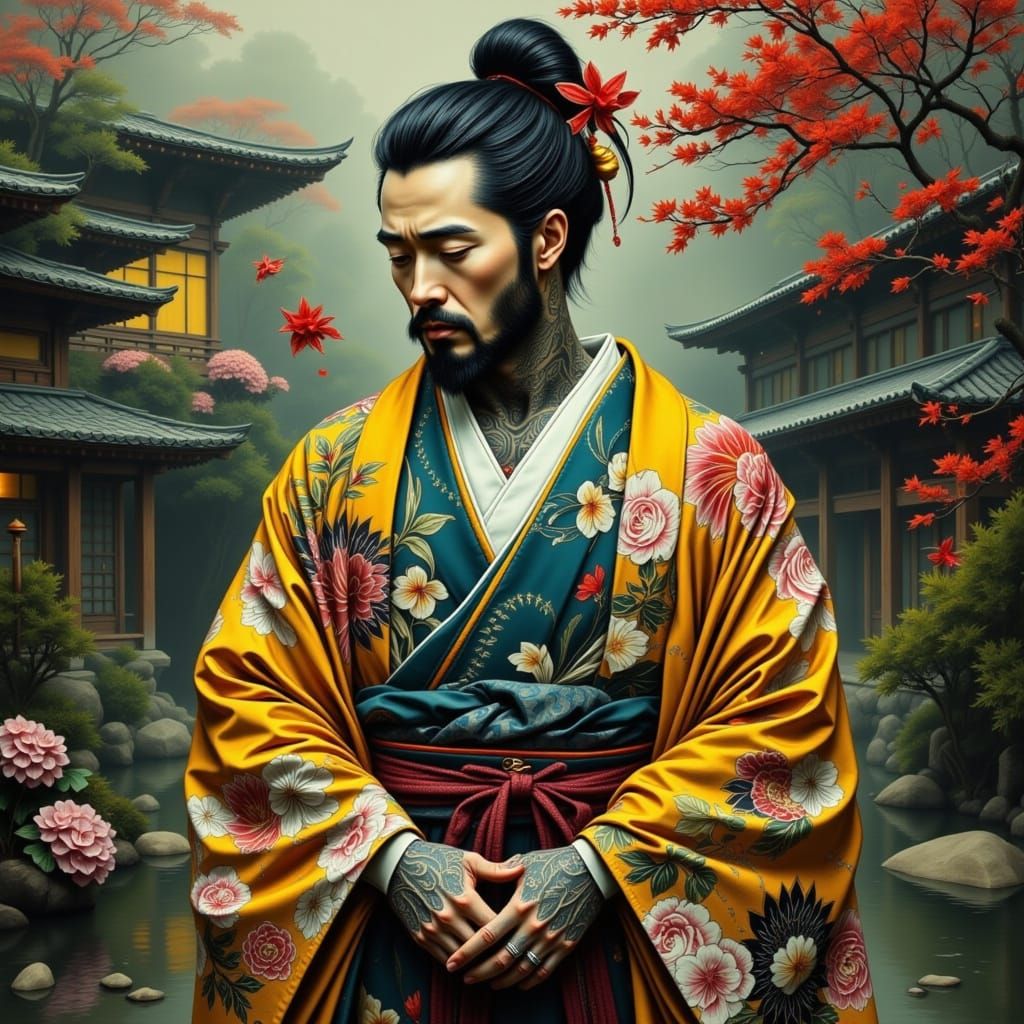 Tattooed Samurai in Japanese Garden Art