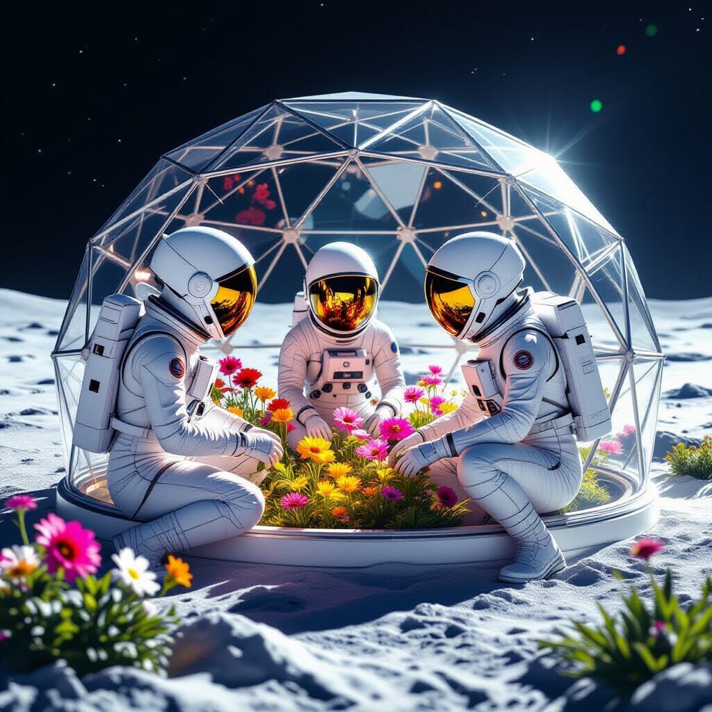 Astronauts Tend Lunar Flora in Geodesic Dome