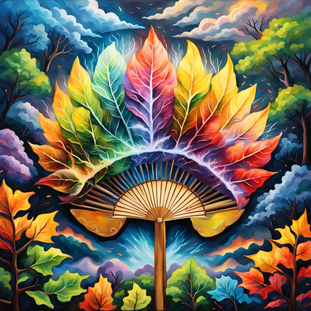 Surreal Fan with Four Seasons in Oil Painting