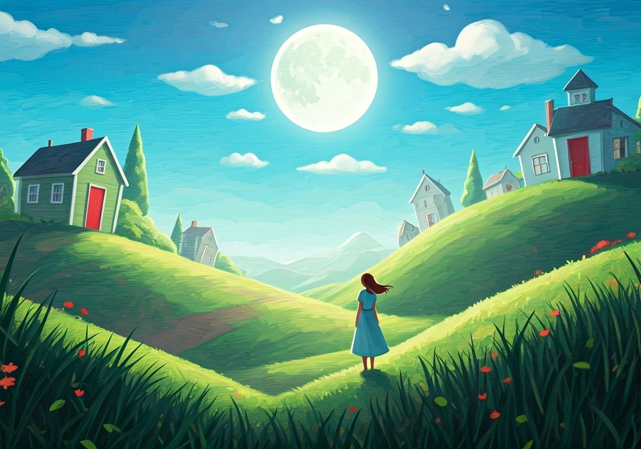Dreamlike Landscape with Pastel Houses in Storybook Style