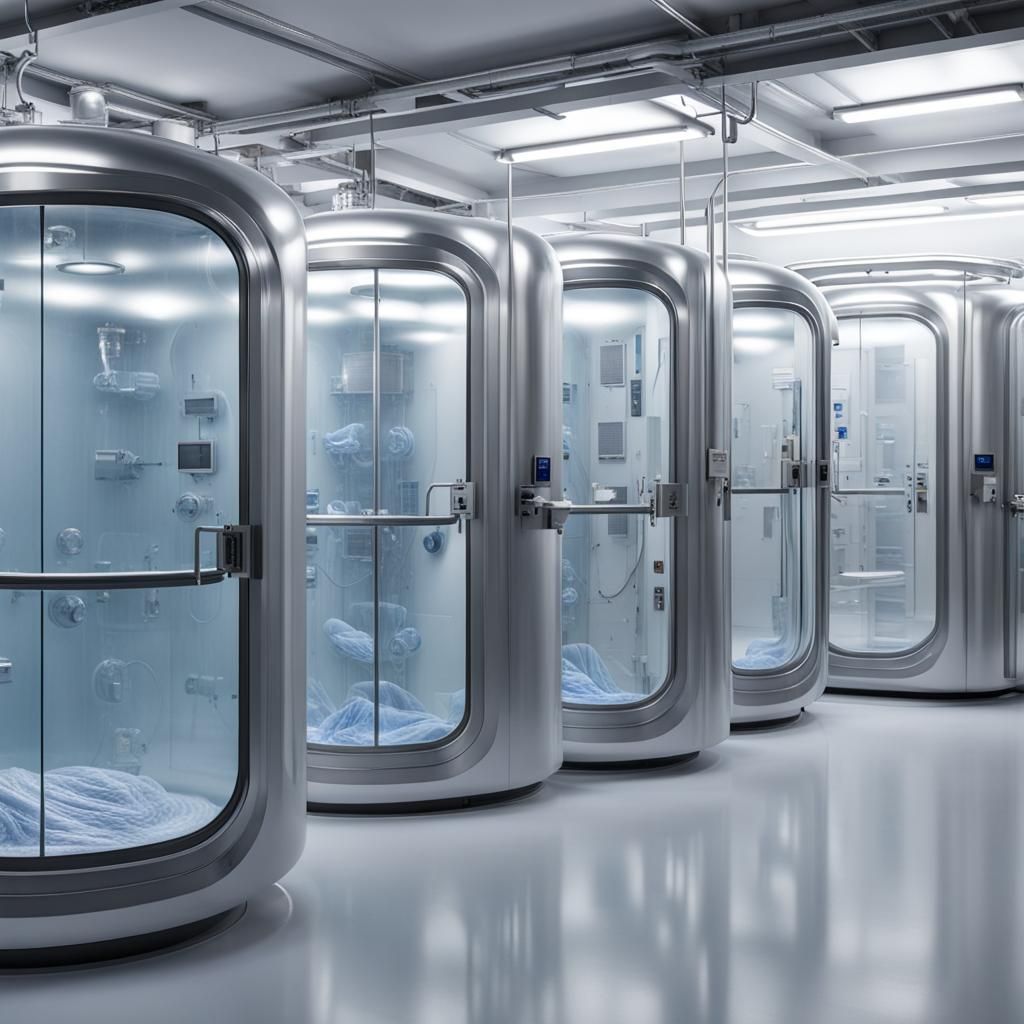 Futuristic Cryonics Facility with Transparent Capsules