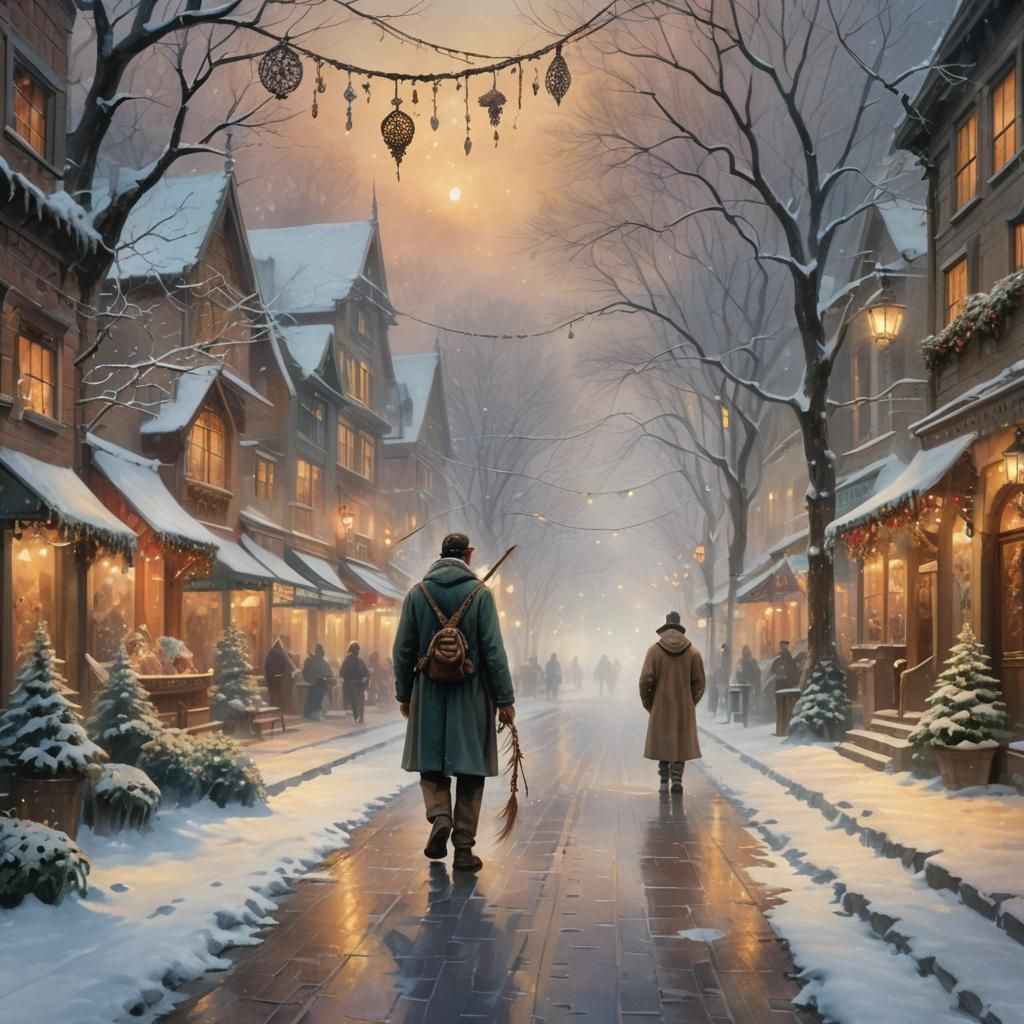 Magical Realism: Pauper in Snowy Christmas Street