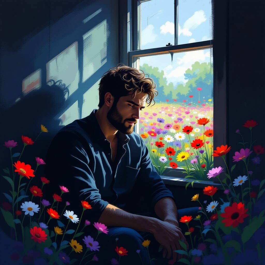 Man in Shadows with Blooming Flowers, Dreamlike Art