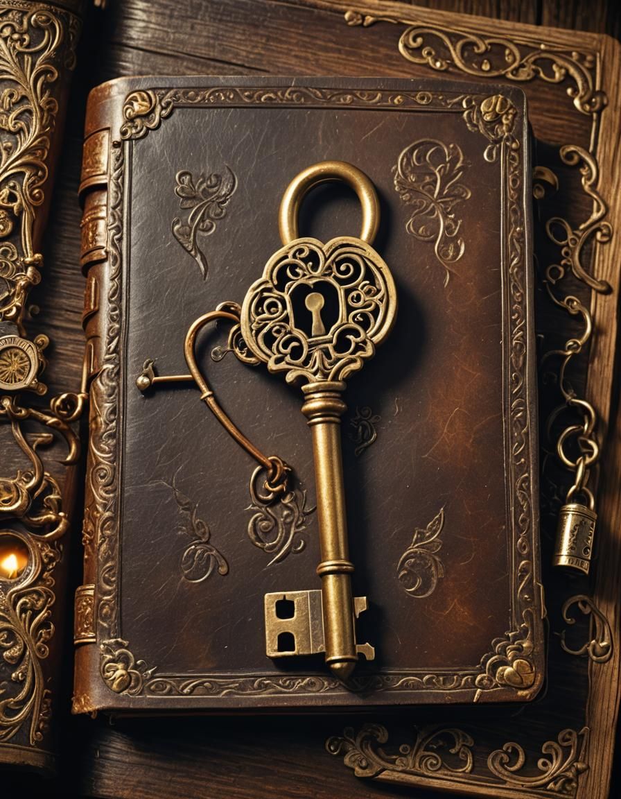 Ornate Golden Key on Antique Book Still Life