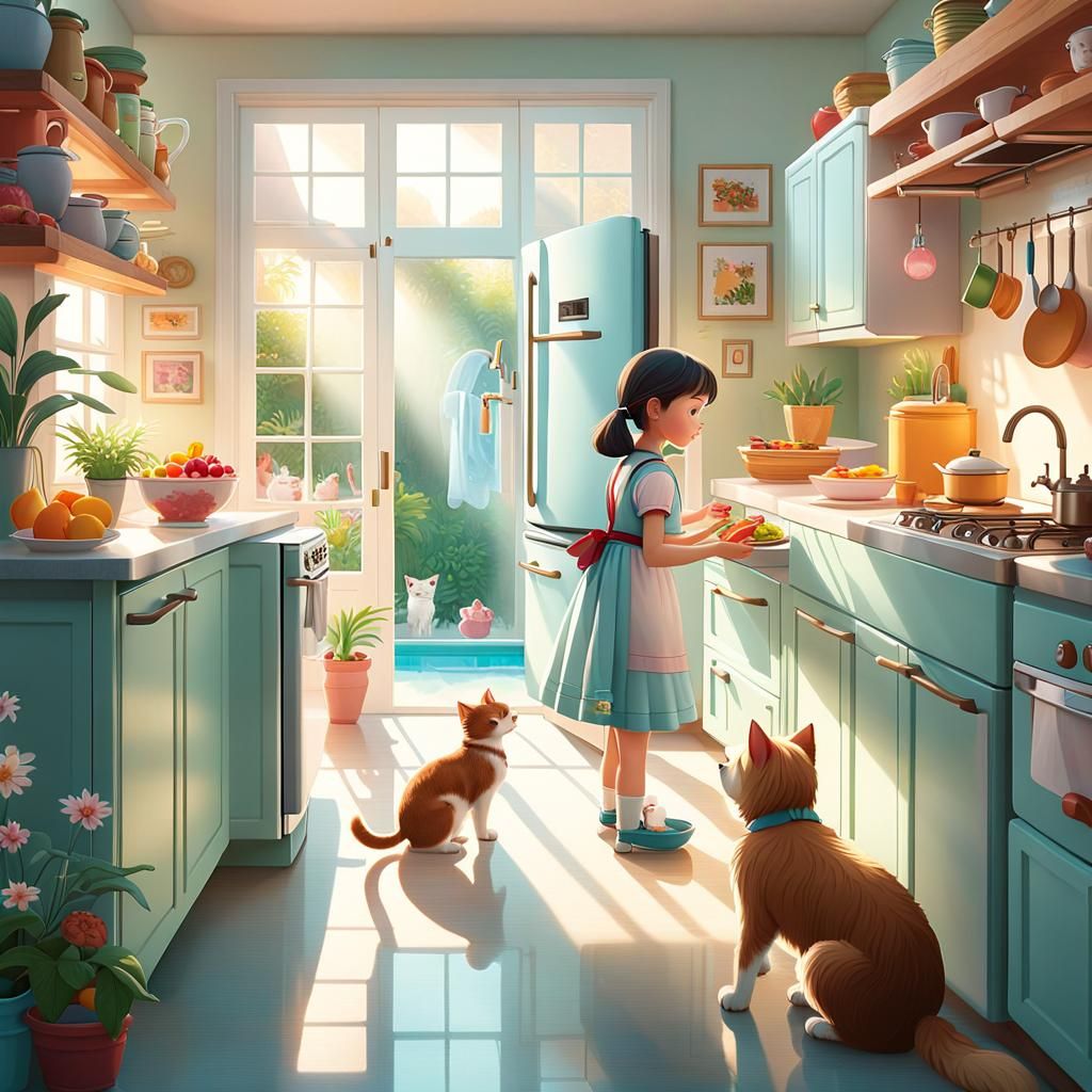 Cozy Kitchen Scene with Villa and Kittens