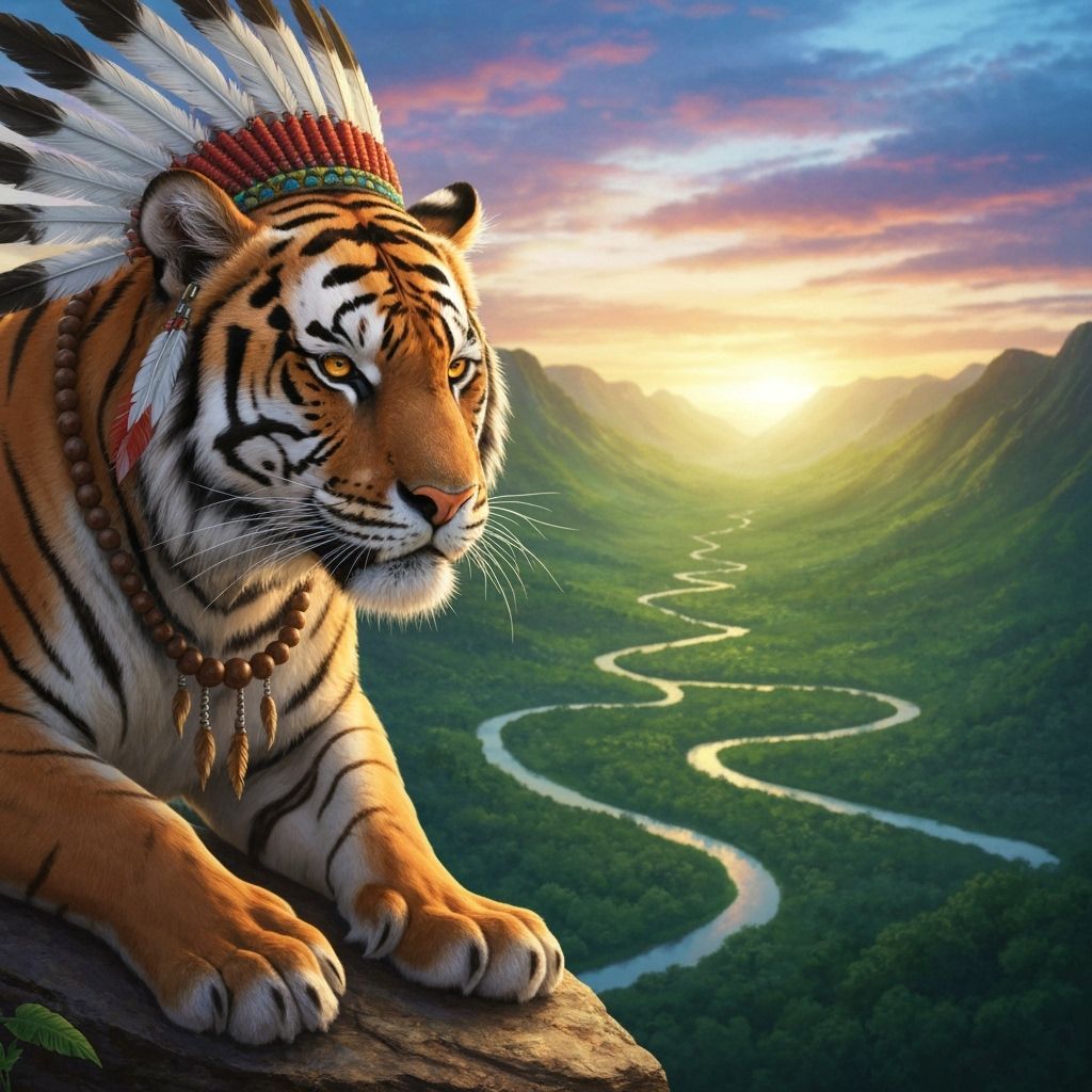 Anthropomorphic Tiger on Mountain Peak at Dawn
