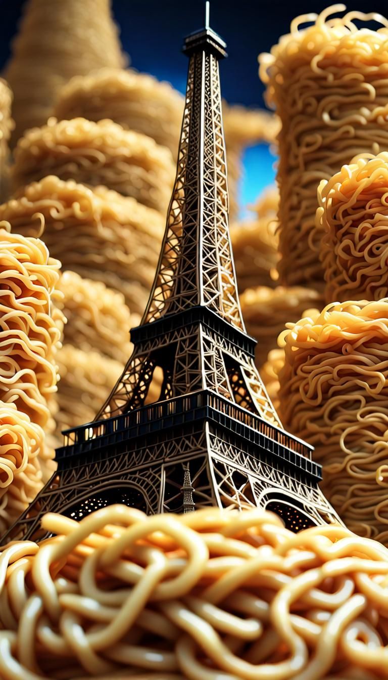 Eiffel Tower Made of Ramen: Hyperrealistic Concept Art