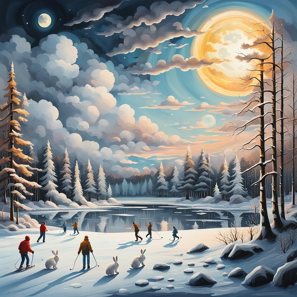 Frozen Lake Winter Forest Landscape in Oil Painting Style