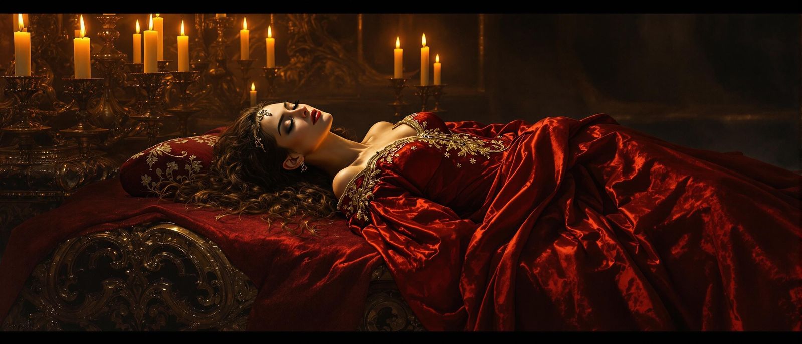 Medieval Maiden in Crimson Velvet Altar