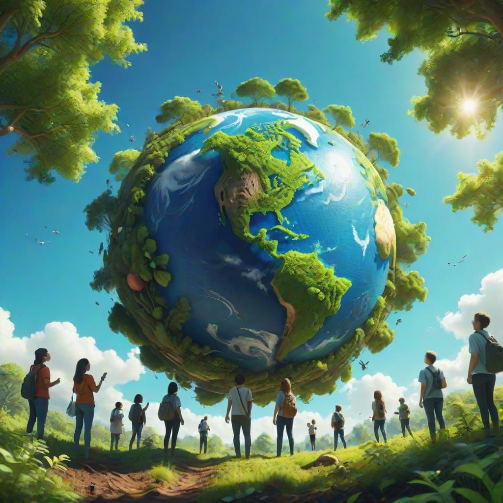 Eco-Art: People Holding Earth in a Green Environment
