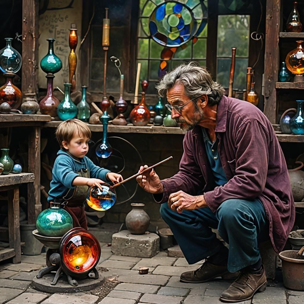 Glassblowing Master Teaches Apprentice in Fantasy Style