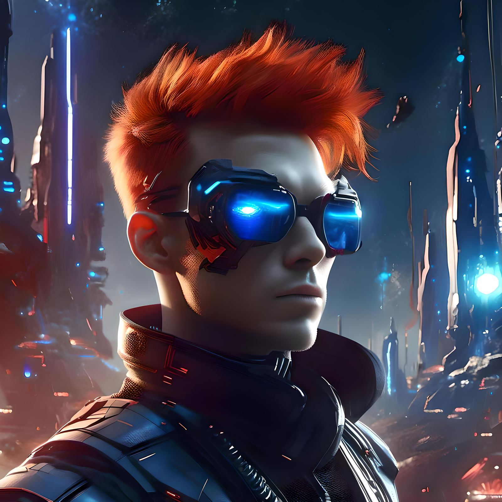 <lora:Stellar Triptych:1.0> In 3080, on a super advanced  intergalactic futuristic city is a right side  head shot of a ...