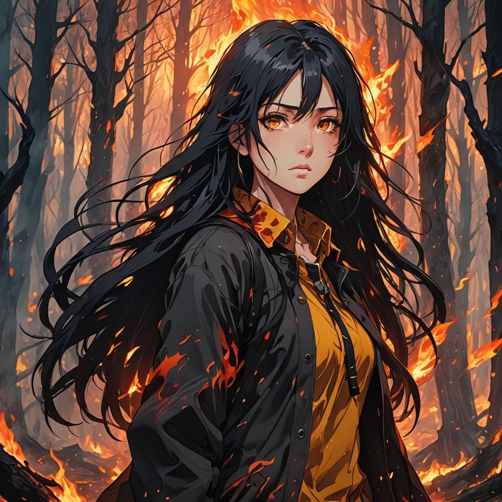 Anime Girl Walks Through Burning Forest
