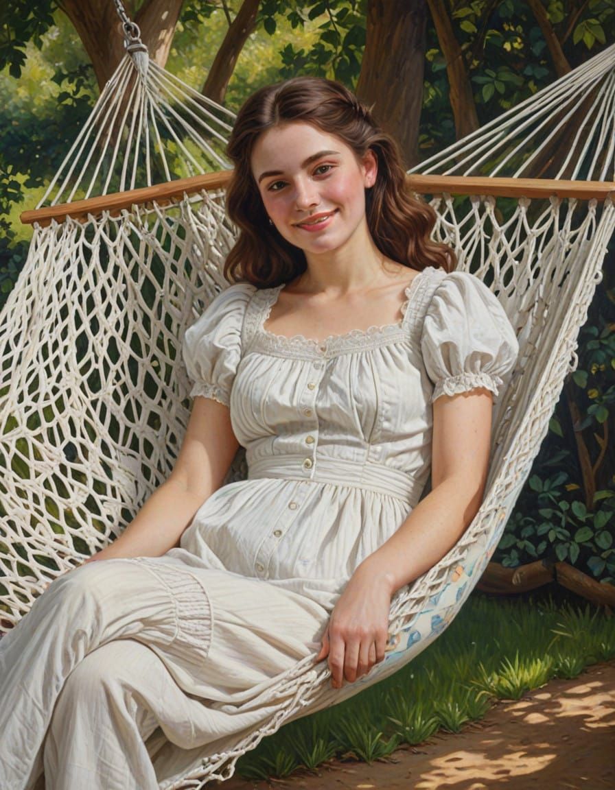 Elegant Victorian Lady in Hammock with Soft Smile