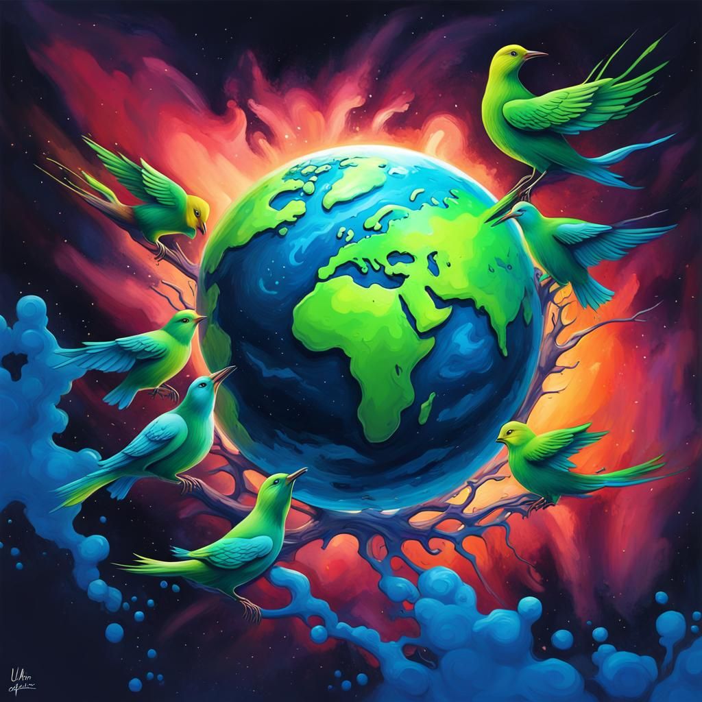Earth with Bird in Graffiti Art Style