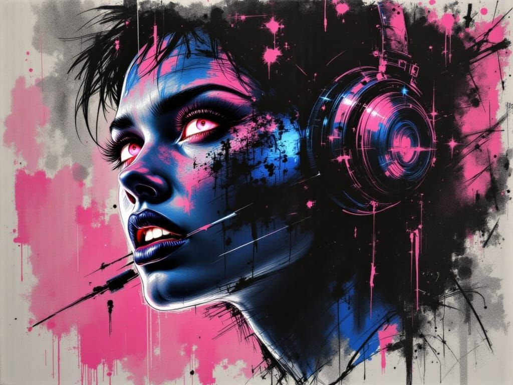 Cyberpunk Raw Charcoal Portrait of a Haunted Woman