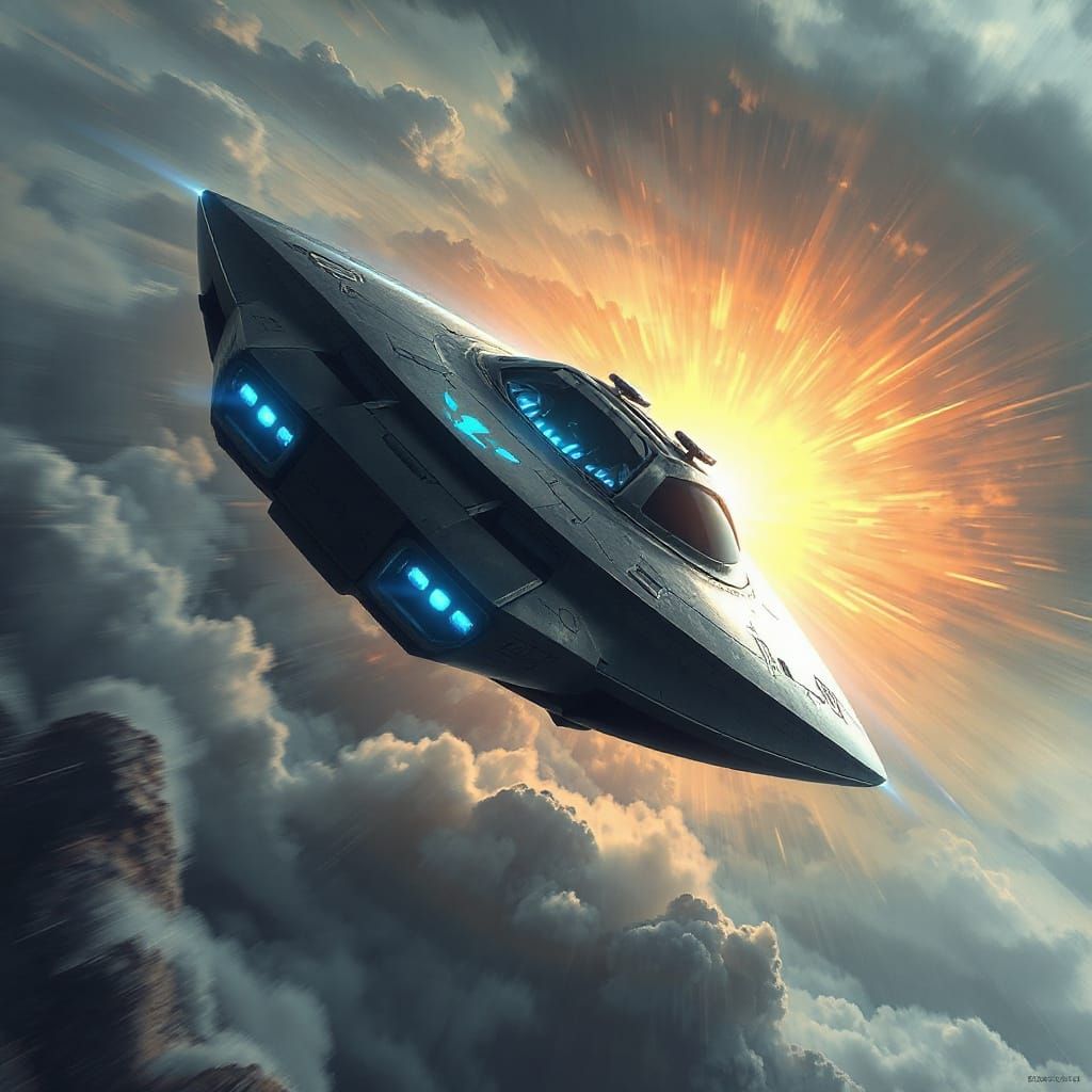 UFO Blasts Through Stormy Sky in Futuristic Art Style