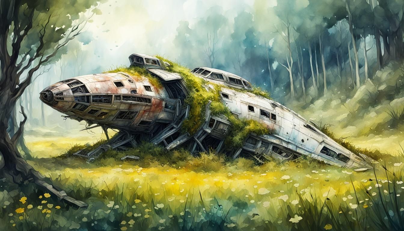 Overgrown Starship Wreck in Spring Meadow: Watercolour Art