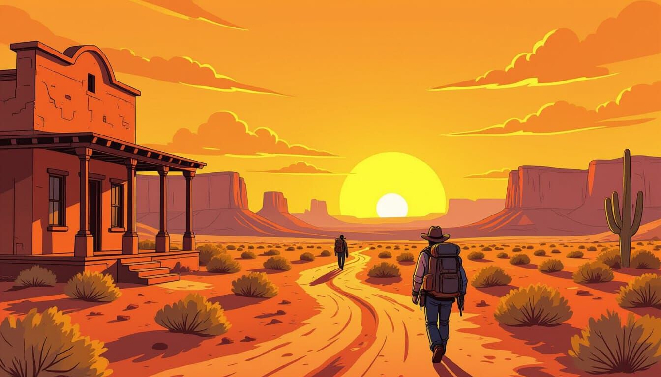Cartoon Desert Sunset with Weary Traveler