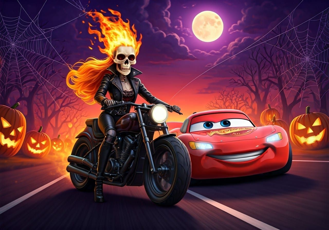 Ghost Rider Barbie Races Lightning McQueen