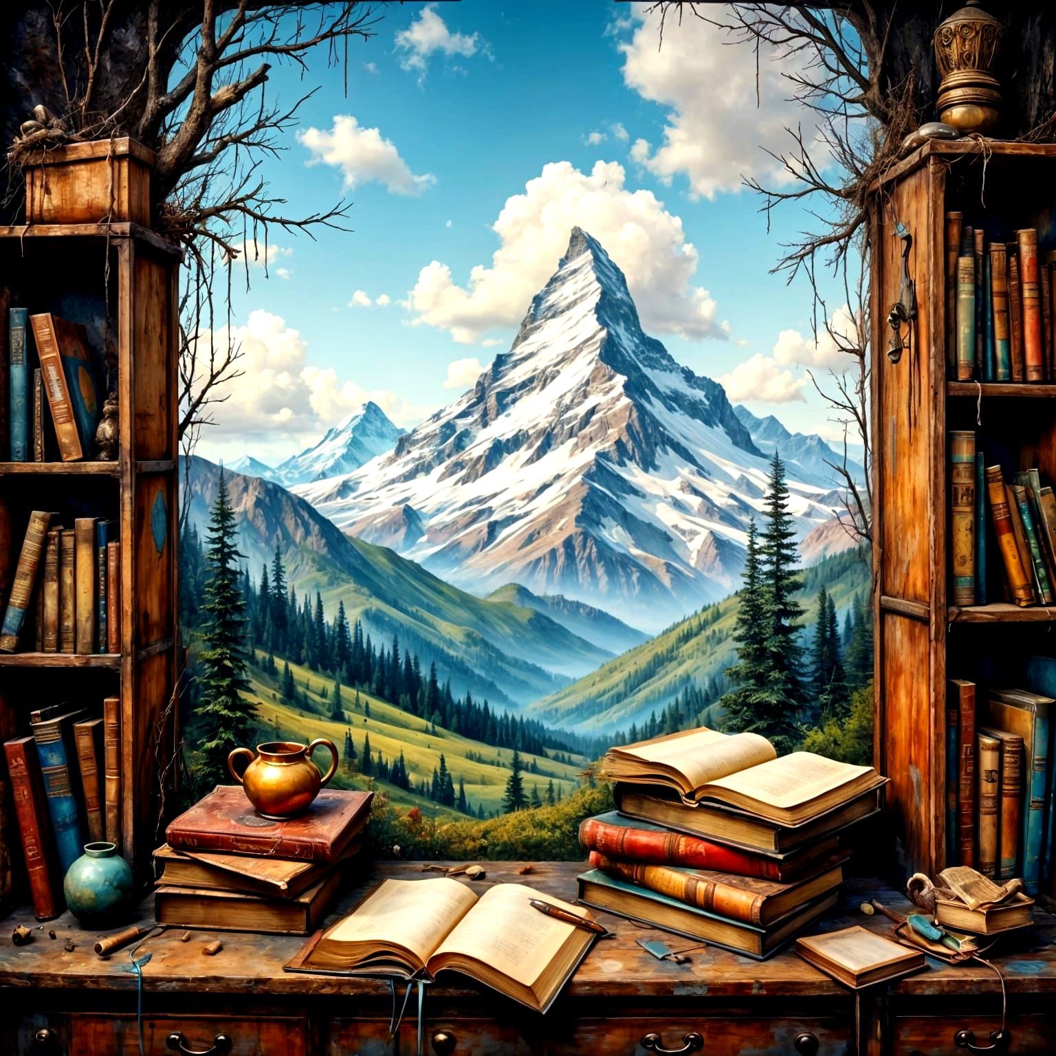 Majestic Mountain Perched on a Bookshelf