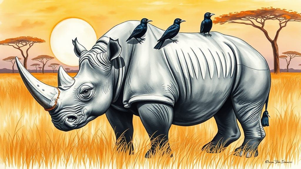 Rhino and Birds in Expressive Ink Drawing Style