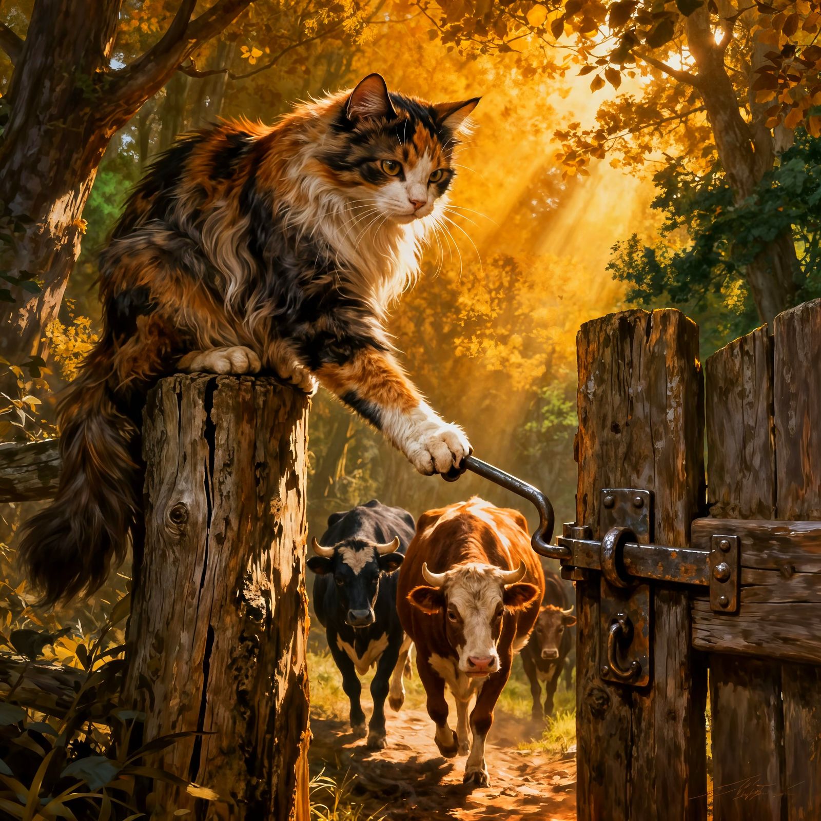 Calico Cat Opens Gate for Cows in Detailed Wood Post Scene