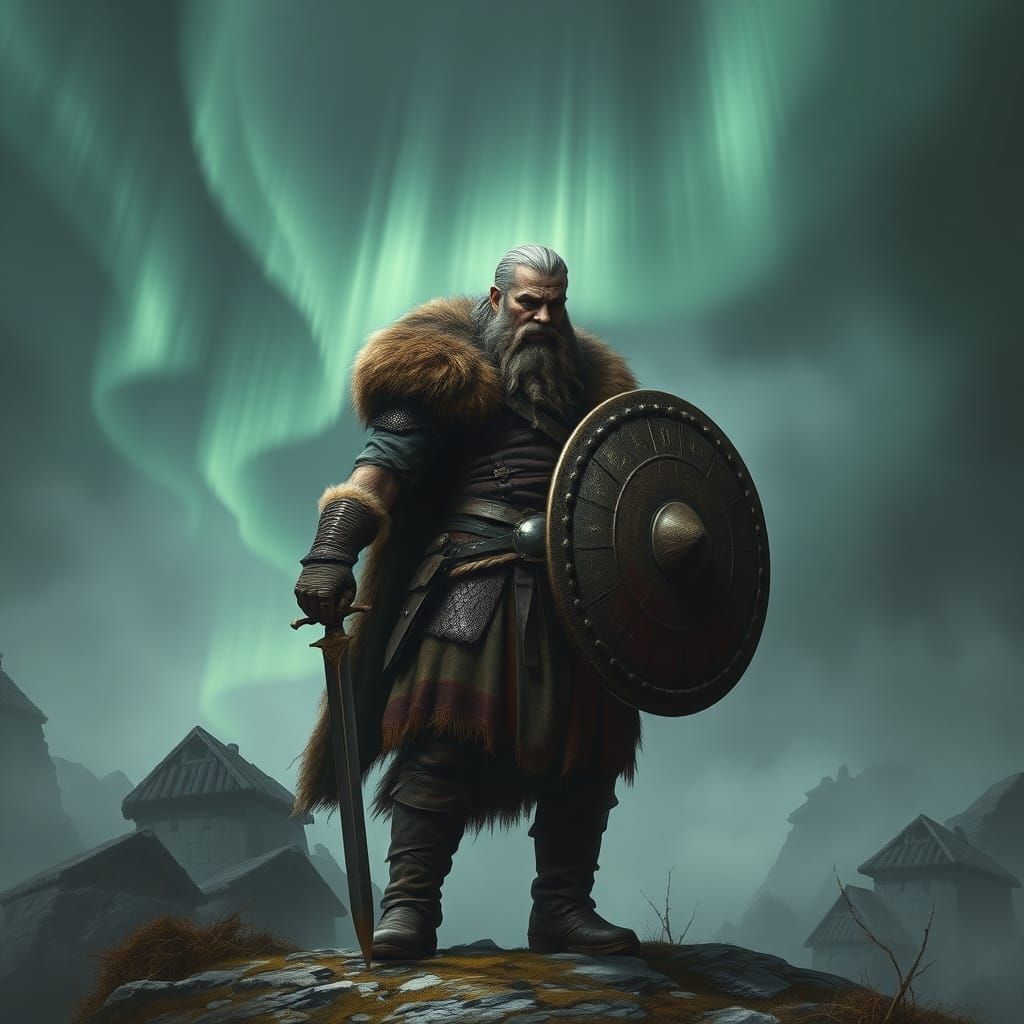Viking Warrior in Mythical Norse Landscape