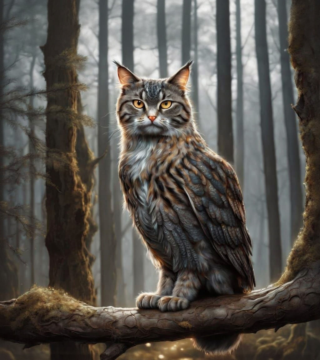 Fantasy Cat-Owl Hybrid in Glowing Forest