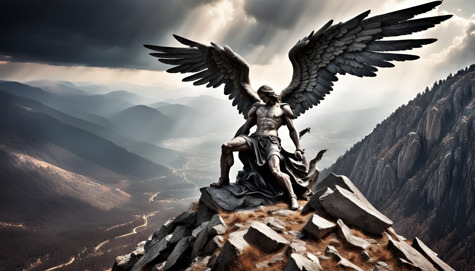 Archangel Strikes Down Fallen Angel on Mountain