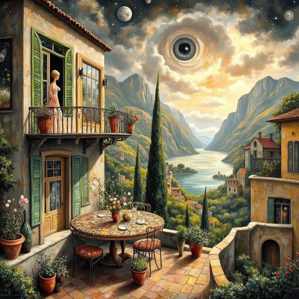 Woman on Balcony in Surreal Cubist Style