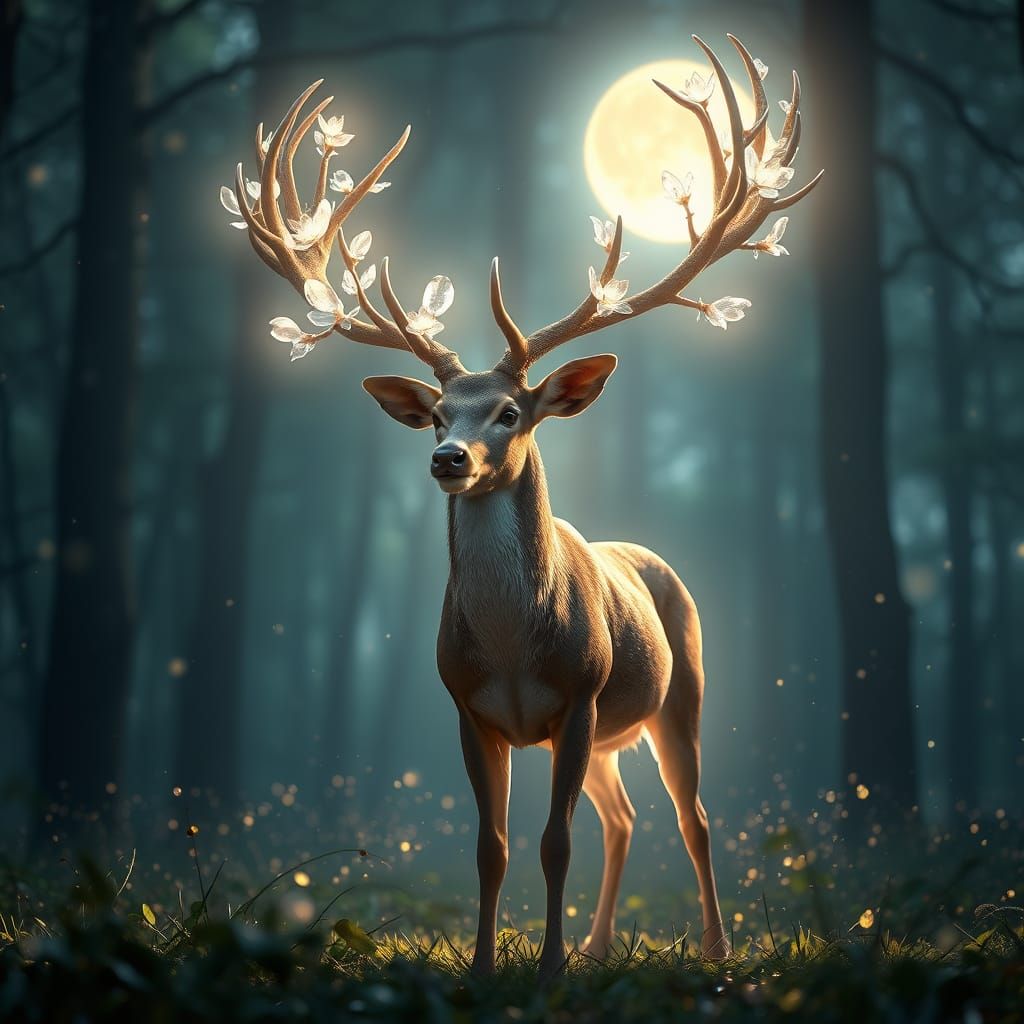 Mystical Deer with Celestial Blossoms in Moonlit Forest
