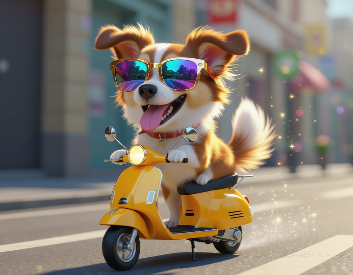 Dog with Sunglasses on Scooter in Psychedelic 3D