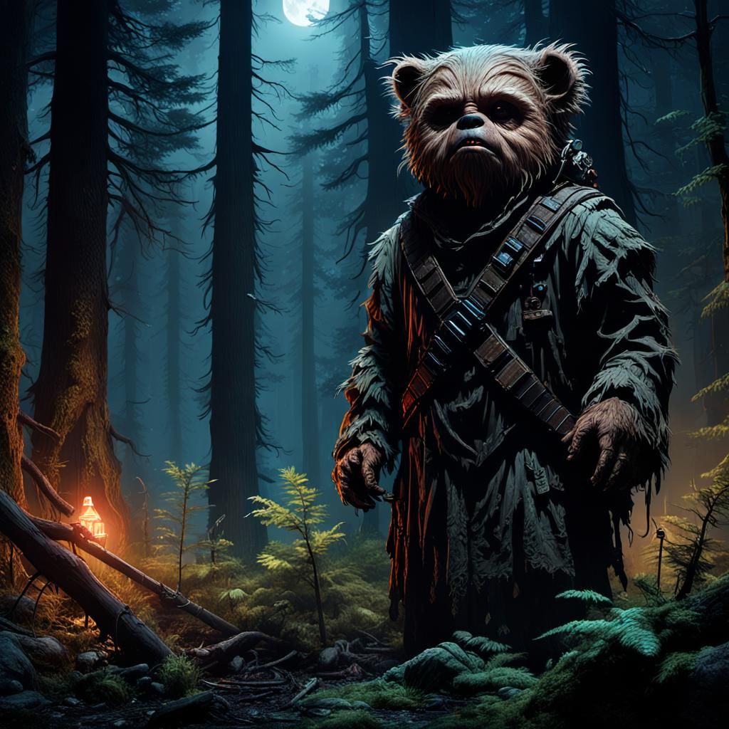 Dystopian Ewok in Forest, Art Nouveau Style